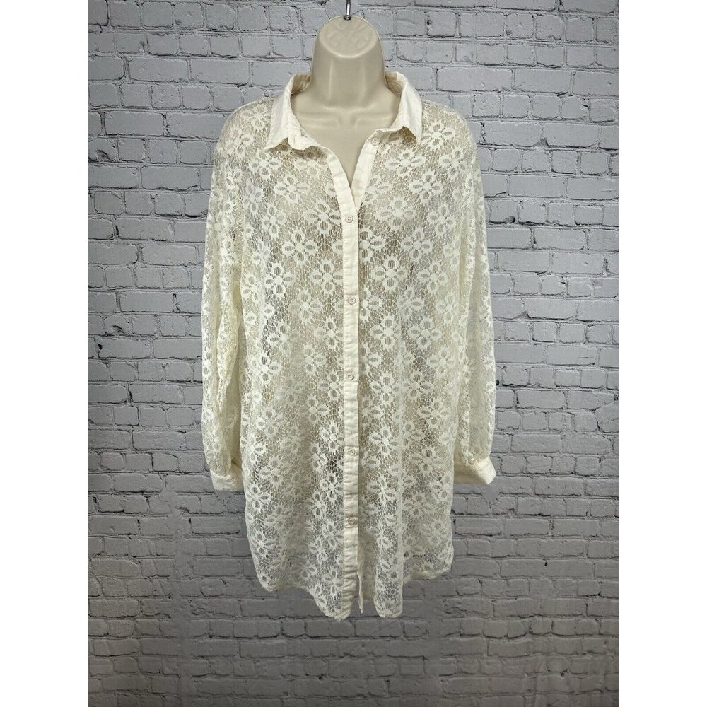 Penti Beachwear Ivory Long Sleeve Lace Button Up Coverup Women’s L
